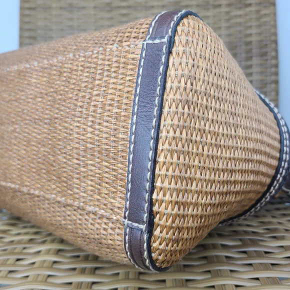 Fossil Bag Satchel Tan Straw Material Brown Leather Shoulder Strap Key Charm - Picture 12 of 16